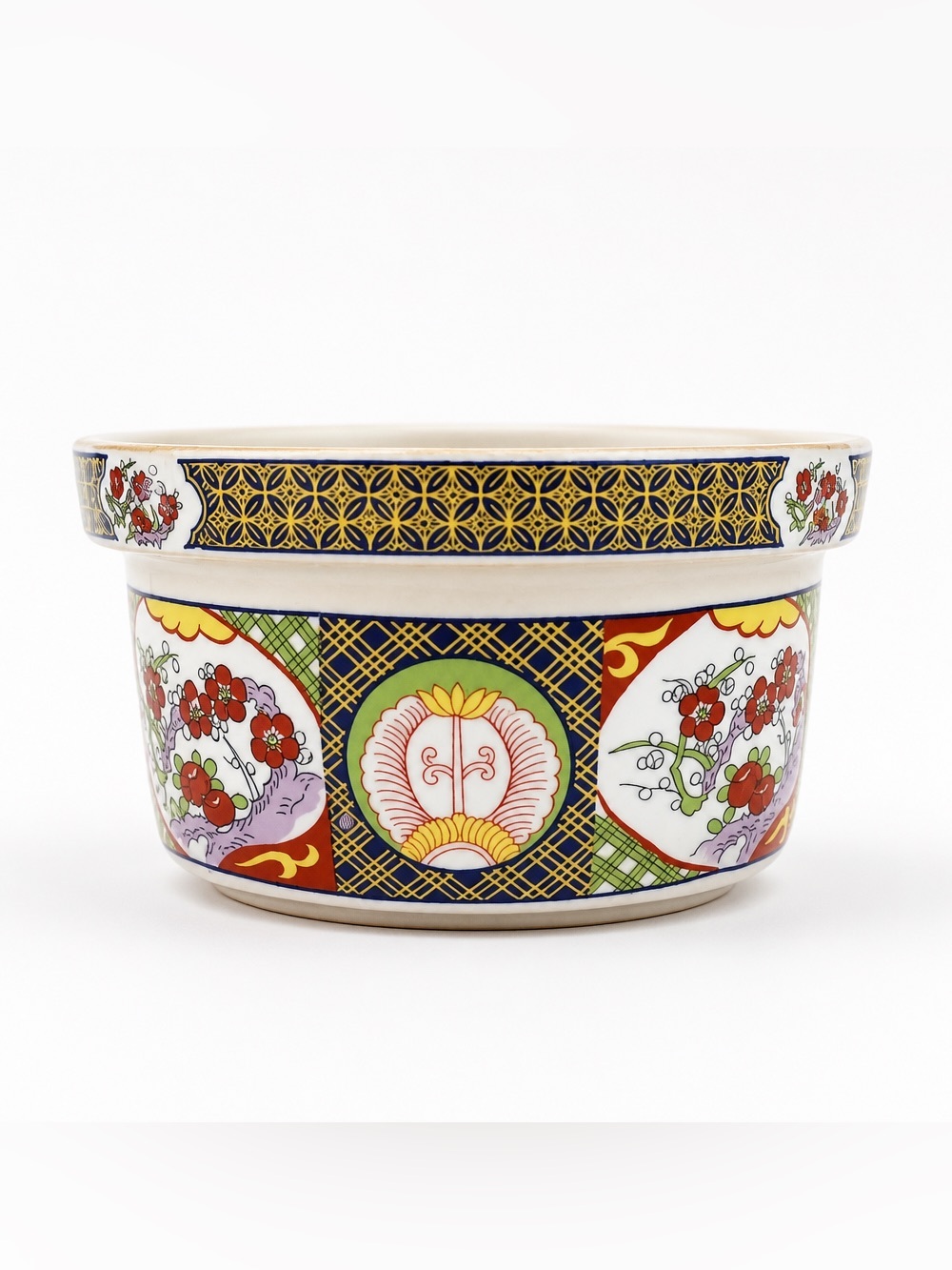 Golden China Ornate Floral Ceramic Planter in Red, Navy & Gold